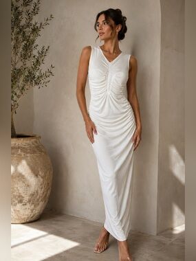 RNWY White Ruched Mesh Maxi Dress Size L